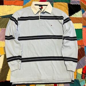 Tommy Hilfiger Striped Navy and Baby Blue Long Sleeve Rugby Polo Large